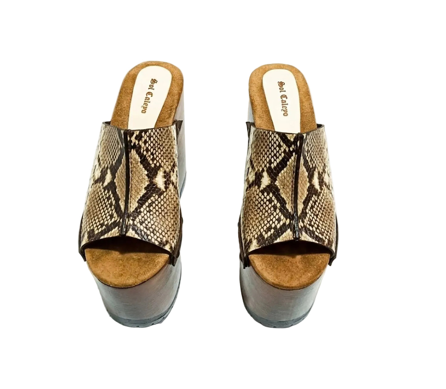 Handcrafted Snake Luxury Queen Sandals by Sol Caleyo featuring exotic snake-print leather, 17cm bell heel, and 11cm hand-carved wooden platform on a white background.