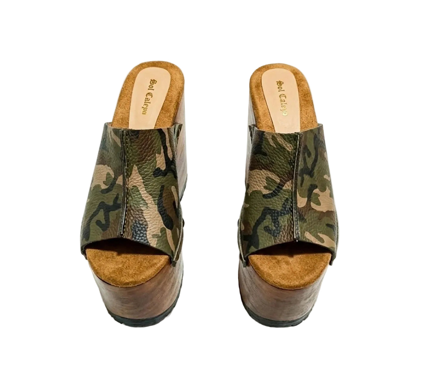 Handcrafted Armi Luxury Queen Sandals by Sol Caleyo featuring camouflage print leather, 17cm bell heel, and 11cm hand-carved wooden platform on a white background.