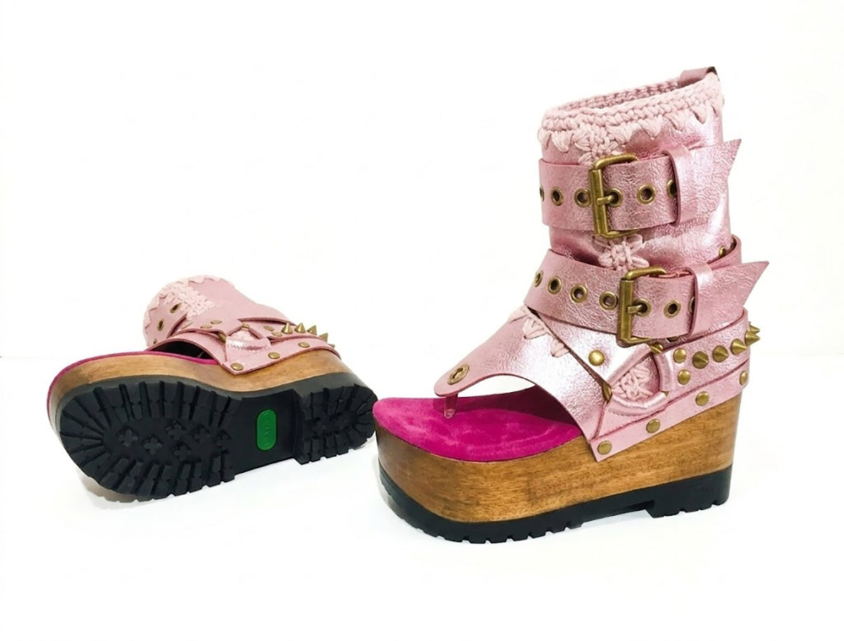 Sol Caleyo Kenya Flip Flop Pink Boots: handmade metallic pink leather platform sandals with wooden wedge, fuchsia insole, and old gold biker studs.