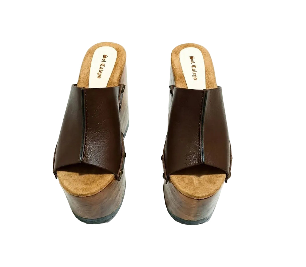 Side view of Sol Caleyo Brown Luxury Queen Sandals featuring deep brown leather, bronze studs, and a high architectural wooden platform heel against a white background.