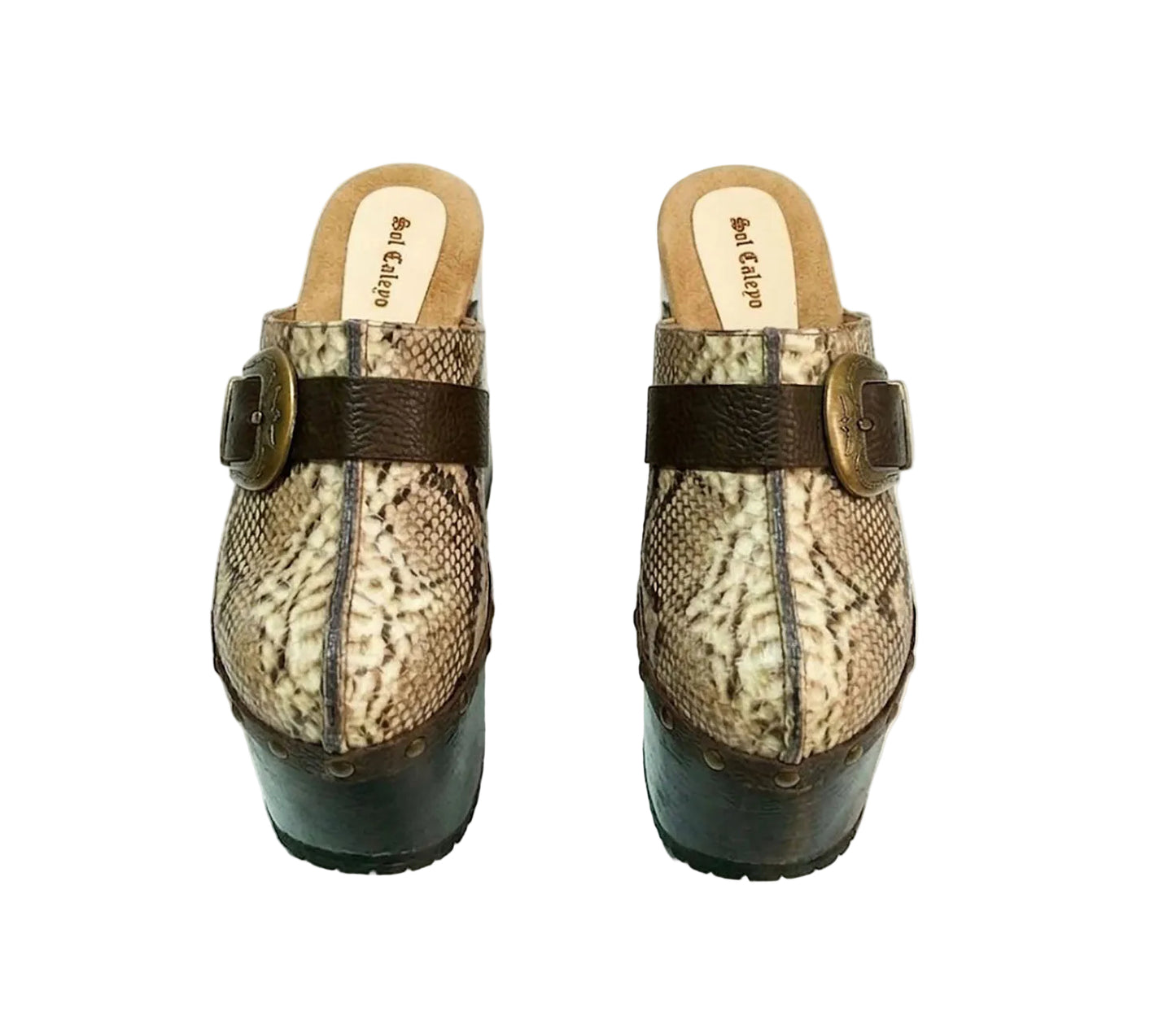 High-angle view of Route 66 XL snake print leather clogs featuring an extreme 17cm wooden heel and 11cm platform.