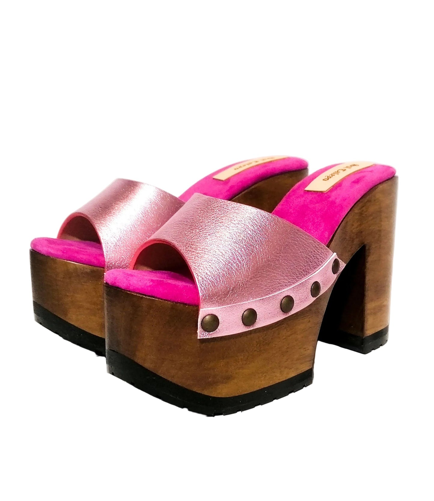Pink leather peep toe sandal. Platform sandal with super high wooden heel. Clog sandal 70's style. Sizes 34 to 47. High quality handmade leather shoes by sol Caleyo. Sustainable fashion.