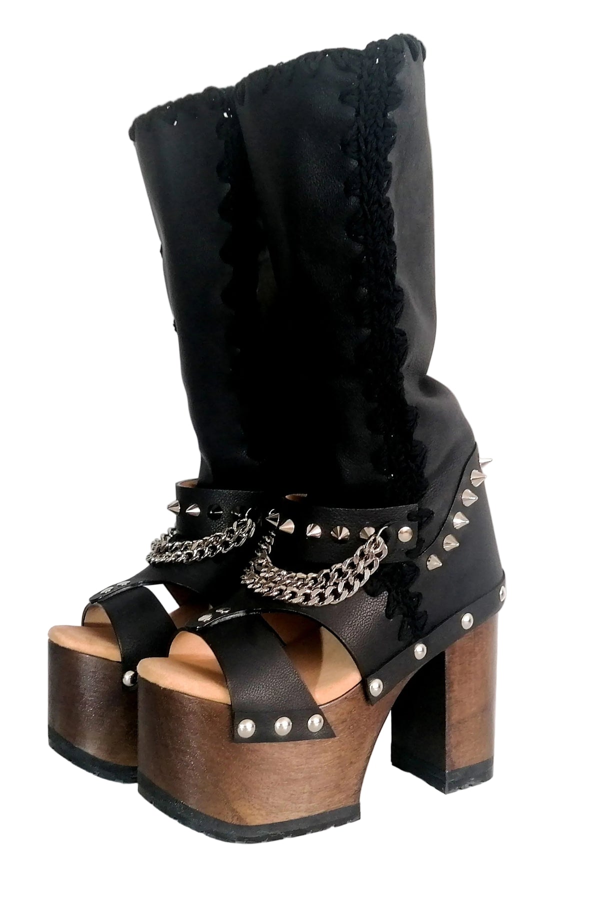 Black platform sandal with super high heel. Black super high heel platform boot with studs and silver chains. Super high heel biker style boot. Sizes 34 to 47. Handmade leather shoes by sol Caleyo.