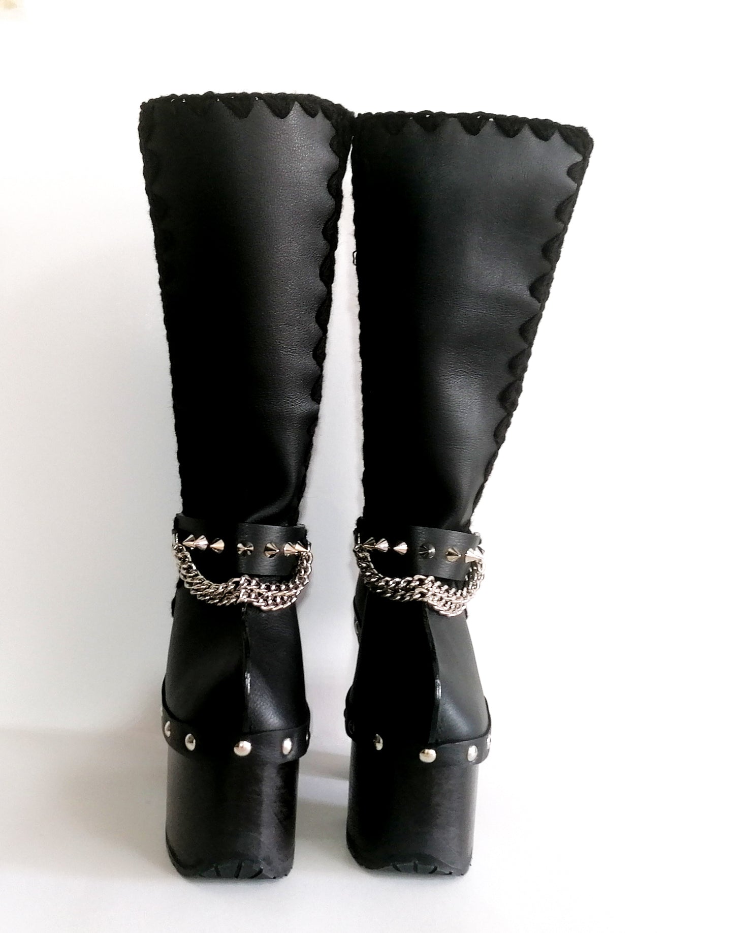 Super high heel platform boots. Black leather boots with studs and silver chains. Super high wooden heel. Sizes 34 to 47. High quality handmade leather shoes.