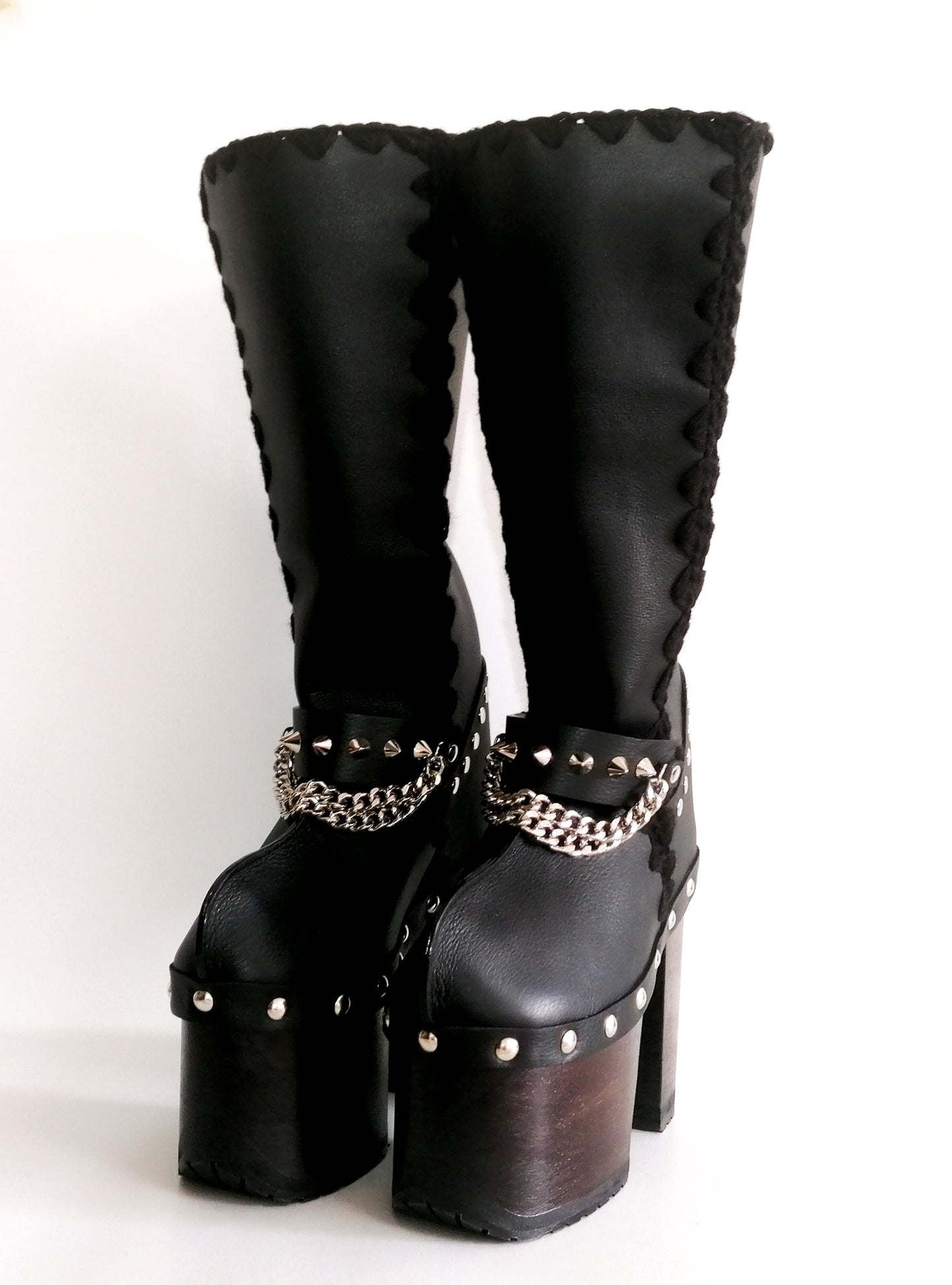 Super high heel platform boots. Black leather boots with studs and silver chains. Super high wooden heel. Sizes 34 to 47. High quality handmade leather shoes.