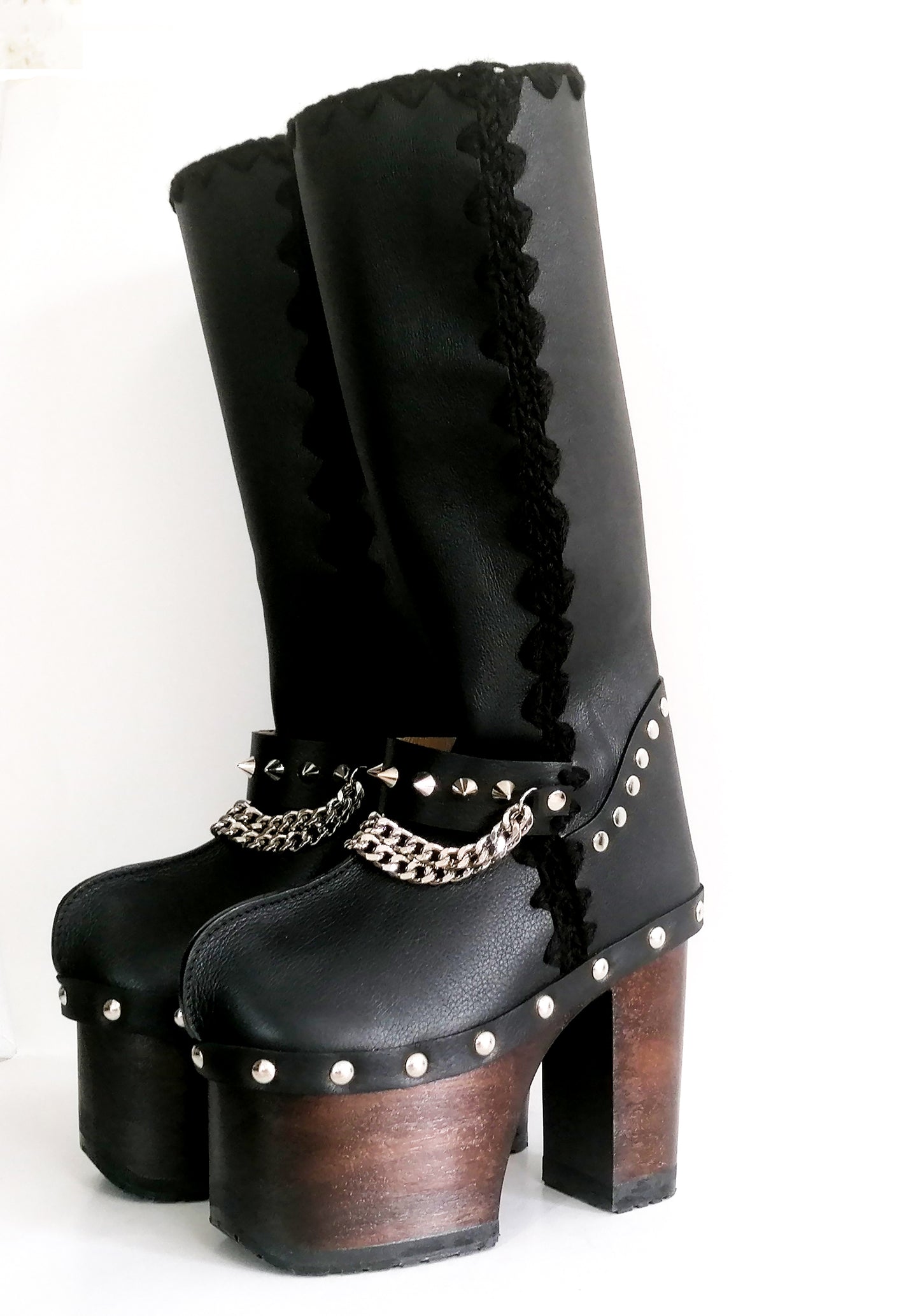 Super high heel platform boots. Black leather boots with studs and silver chains. Super high wooden heel. Sizes 34 to 47. High quality handmade leather shoes.