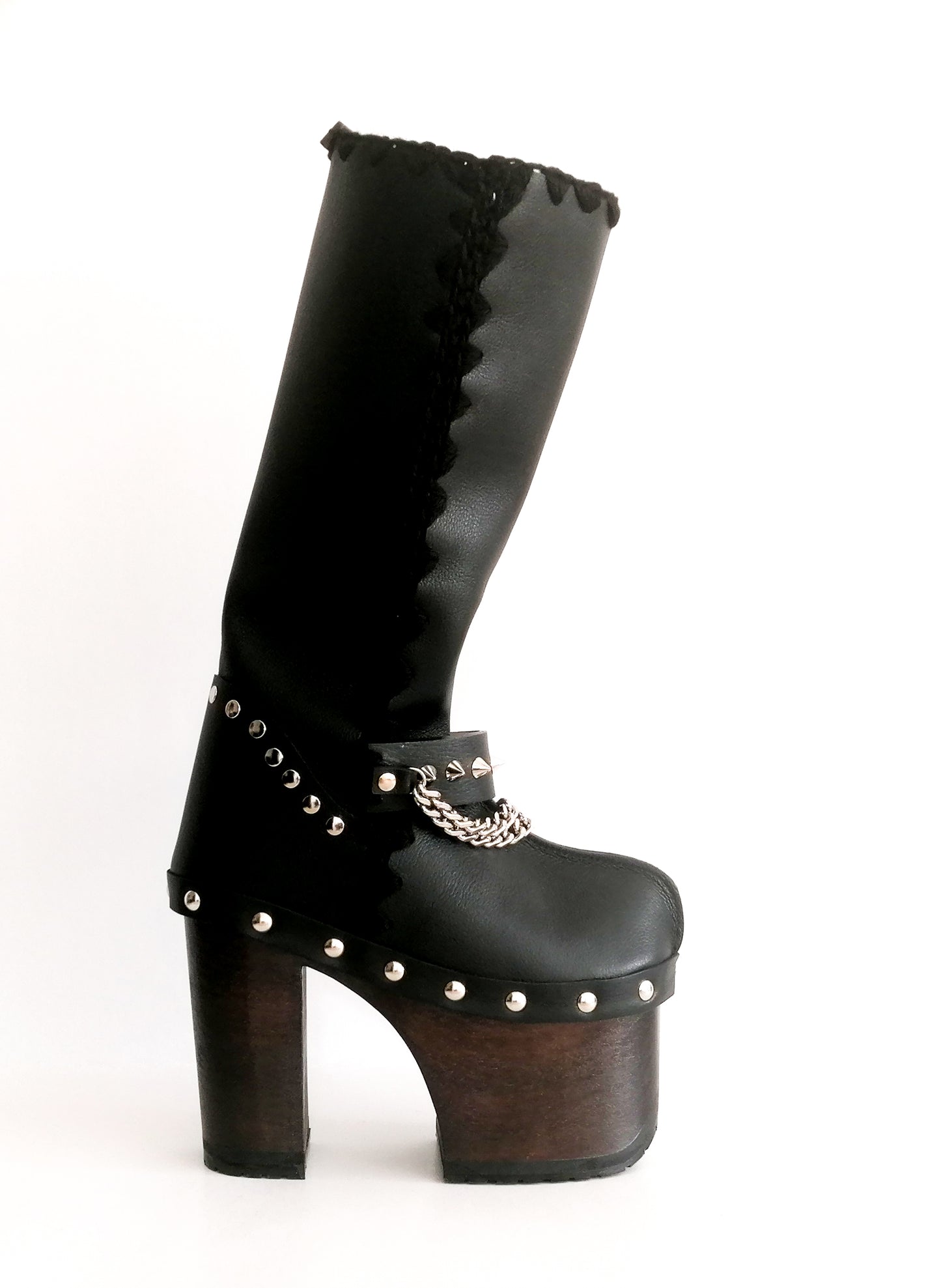 Super high heel platform boots. Black leather boots with studs and silver chains. Super high wooden heel. Sizes 34 to 47. High quality handmade leather shoes.