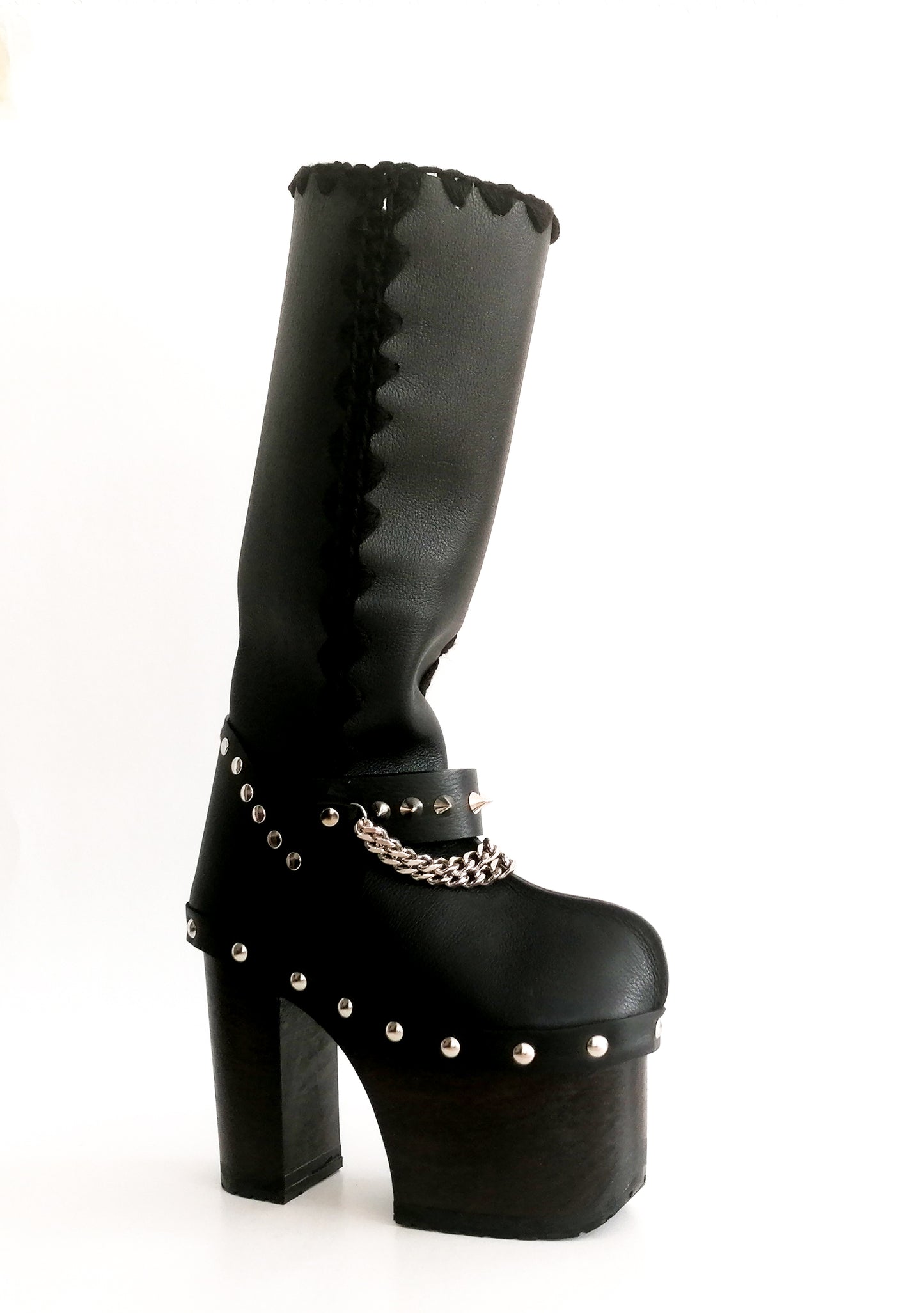Super high heel platform boots. Black leather boots with studs and silver chains. Super high wooden heel. Sizes 34 to 47. High quality handmade leather shoes.