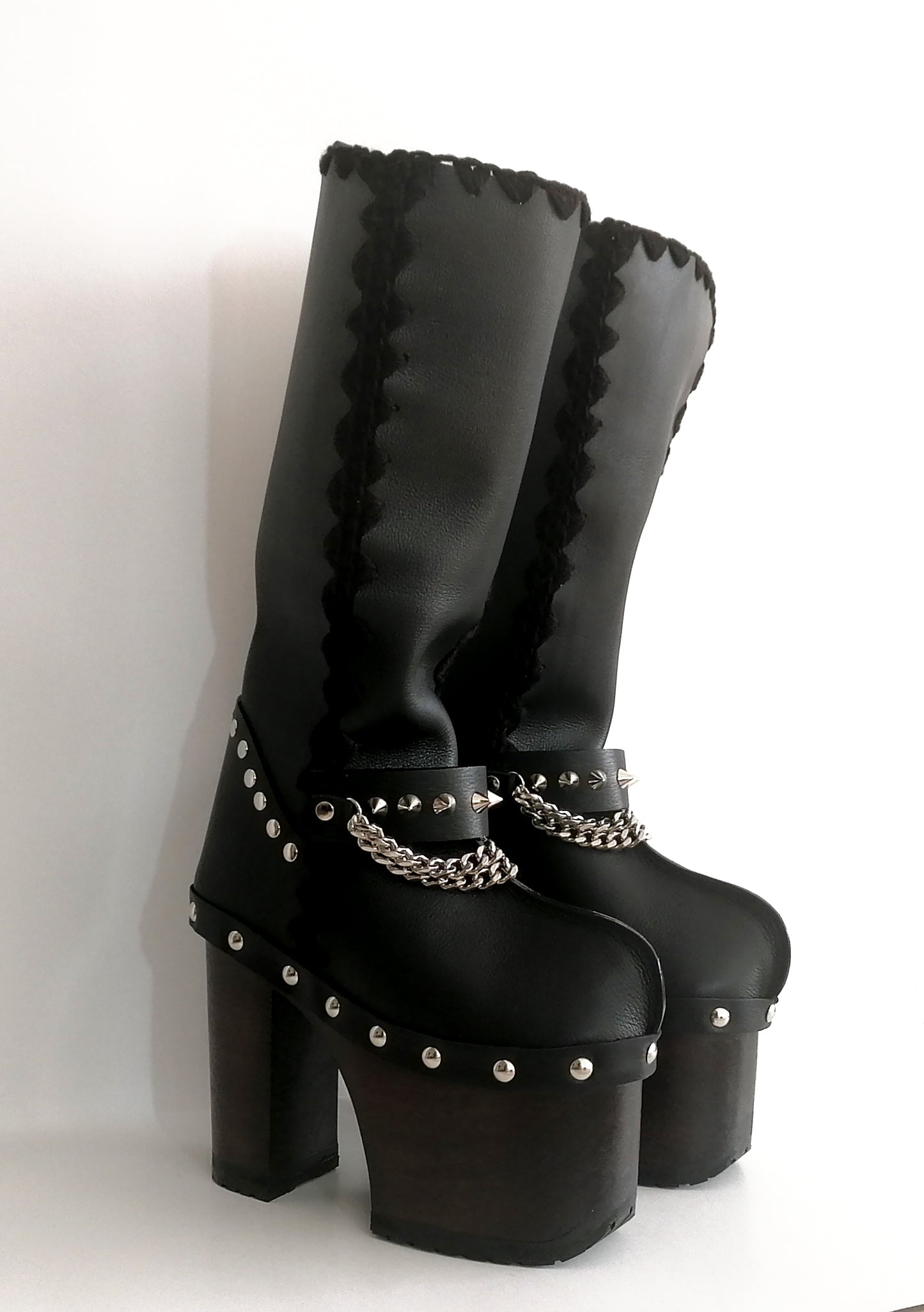 Super high heel platform boots. Black leather boots with studs and silver chains. Super high wooden heel. Sizes 34 to 47. High quality handmade leather shoes.