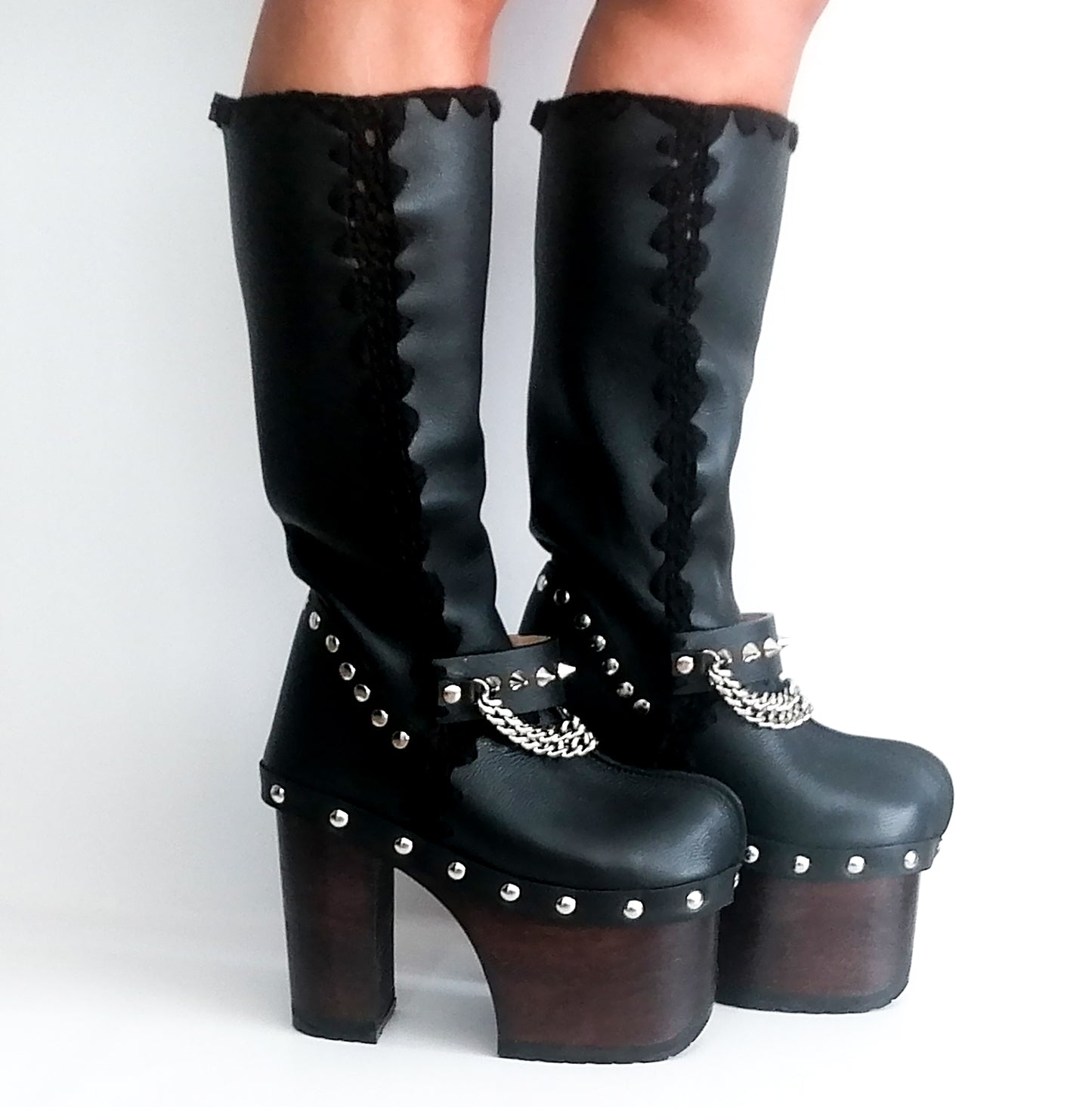 Super high heel platform boots. Black leather boots with studs and silver chains. Super high wooden heel. Sizes 34 to 47. High quality handmade leather shoes.