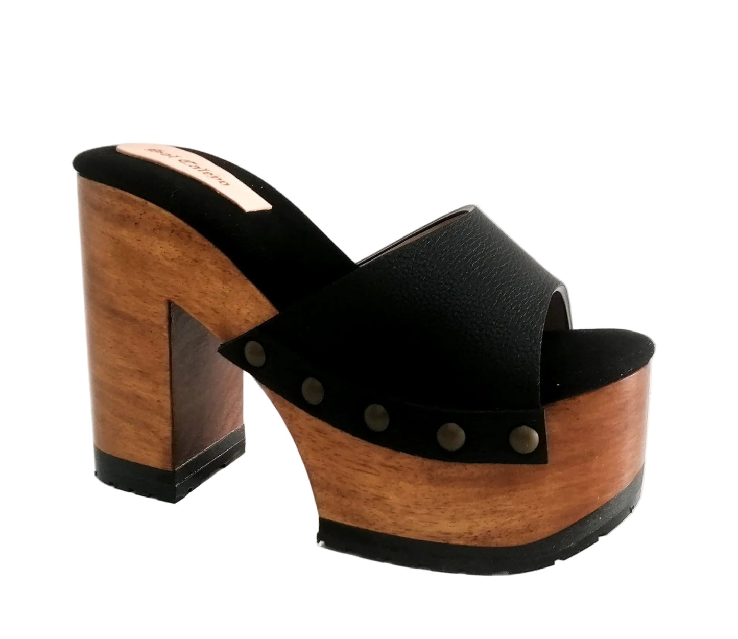 Black leather peep toe sandal. Platform sandal with super high wooden heel. Clog sandal 70's style. Sizes 34 to 47. High quality handmade leather shoes by sol Caleyo. Sustainable fashion.
