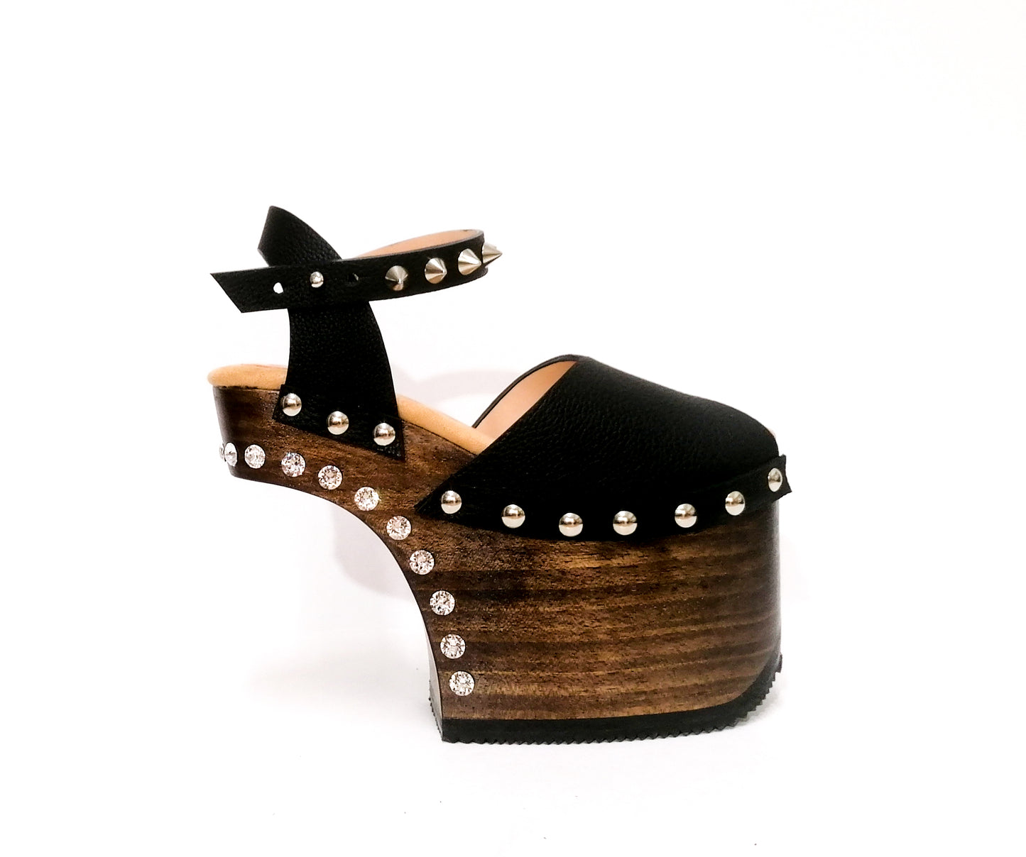 Black leather platform sandal with silver studs. Wooden wedge heel in C decorated with swarovski crystals. Super high heel sandal with genuine swarovski crystals. Super high heel sandal without heel. Sizes 34 to 47. High quality leather shoes handmade by sol Caleyo. Sustainable fashion.