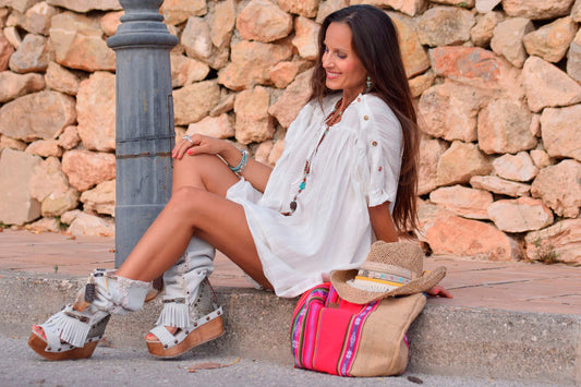 Bohemian-style white suede boots with wooden wedge heels. Handmade. Exclusive design by Sol Caleyo.