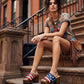 Model wearing American Sandals XS platform clogs on urban steps, styled with denim shorts and a fringe boho bag.