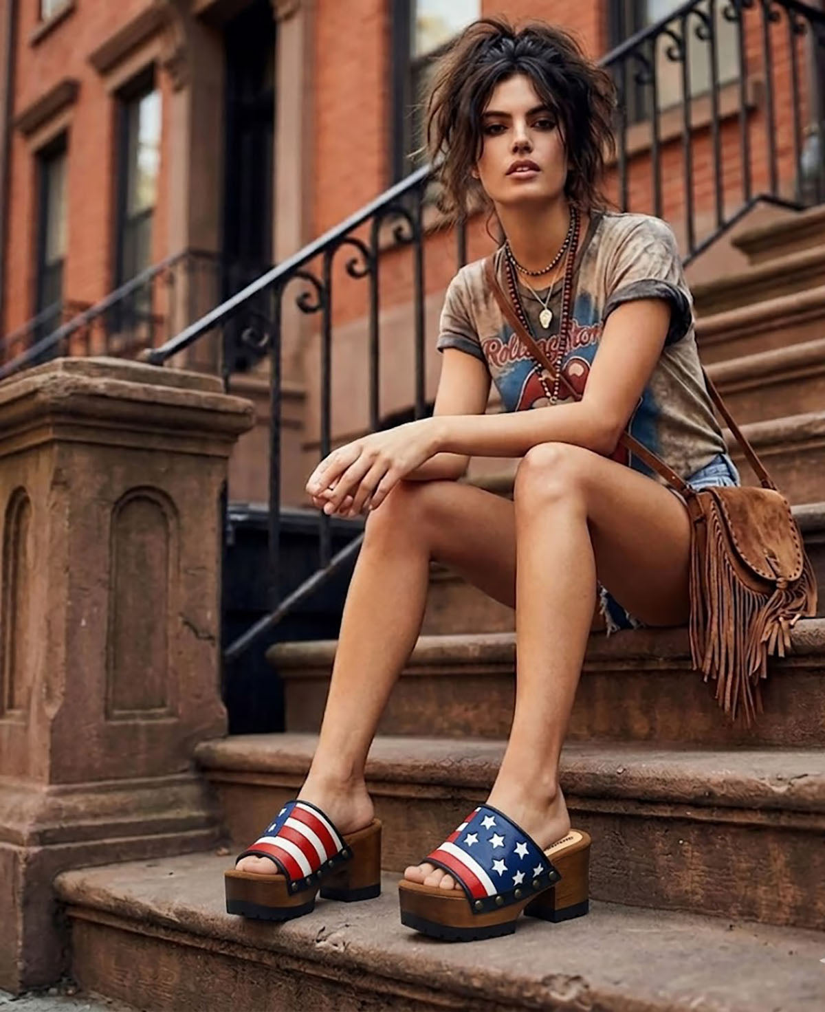 Model wearing American Sandals XS platform clogs on urban steps, styled with denim shorts and a fringe boho bag.
