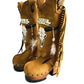 Camel suede cowboy boots. Clogs with hand-painted buffalo head, feathers, and fringes. Bohemian-style boots. High-end footwear handmade by Sol Caleyo.
