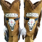 Camel suede cowboy boots. Clogs with hand-painted buffalo head, feathers, and fringes. Bohemian-style boots. High-end footwear handmade by Sol Caleyo.