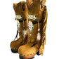 Camel suede cowboy boots. Clogs with hand-painted buffalo head, feathers, and fringes. Bohemian-style boots. High-end footwear handmade by Sol Caleyo.