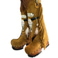 Camel suede cowboy boots. Clogs with hand-painted buffalo head, feathers, and fringes. Bohemian-style boots. High-end footwear handmade by Sol Caleyo.