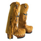 Camel suede cowboy boots. Clogs with hand-painted buffalo head, feathers, and fringes. Bohemian-style boots. High-end footwear handmade by Sol Caleyo.