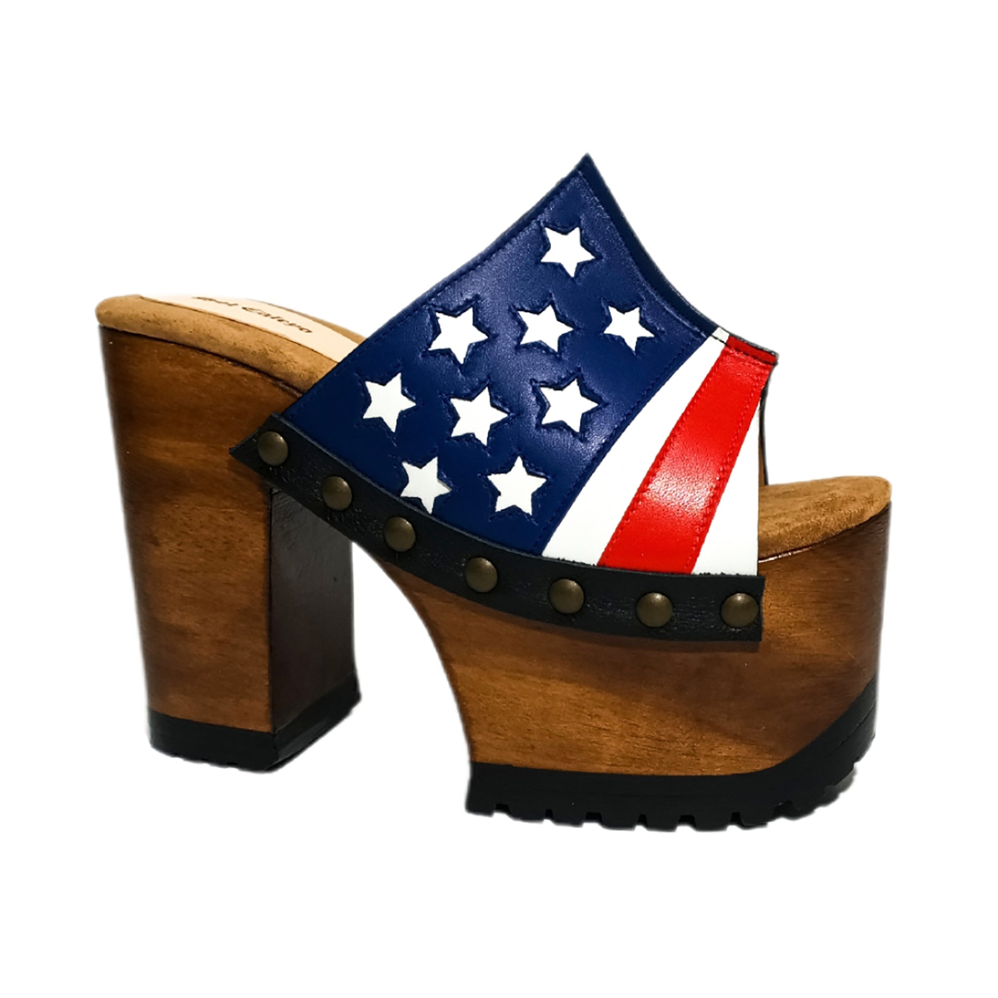 Sandals with a unique American flag design. Vintage-style platform sandals with wooden heels. Heels with a unique American flag design. High-end footwear handmade to order. Exclusive design by Sol Caleyo.