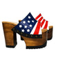 Sandals with a unique American flag design. Vintage-style platform sandals with wooden heels. Heels with a unique American flag design. High-end footwear handmade to order. Exclusive design by Sol Caleyo.