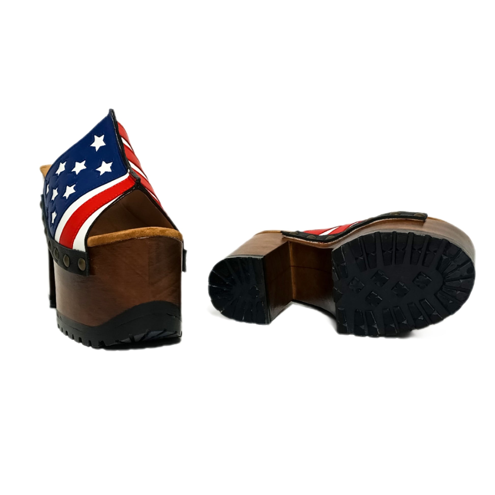 Sandals with a unique American flag design. Vintage-style platform sandals with wooden heels. Heels with a unique American flag design. High-end footwear handmade to order. Exclusive design by Sol Caleyo.