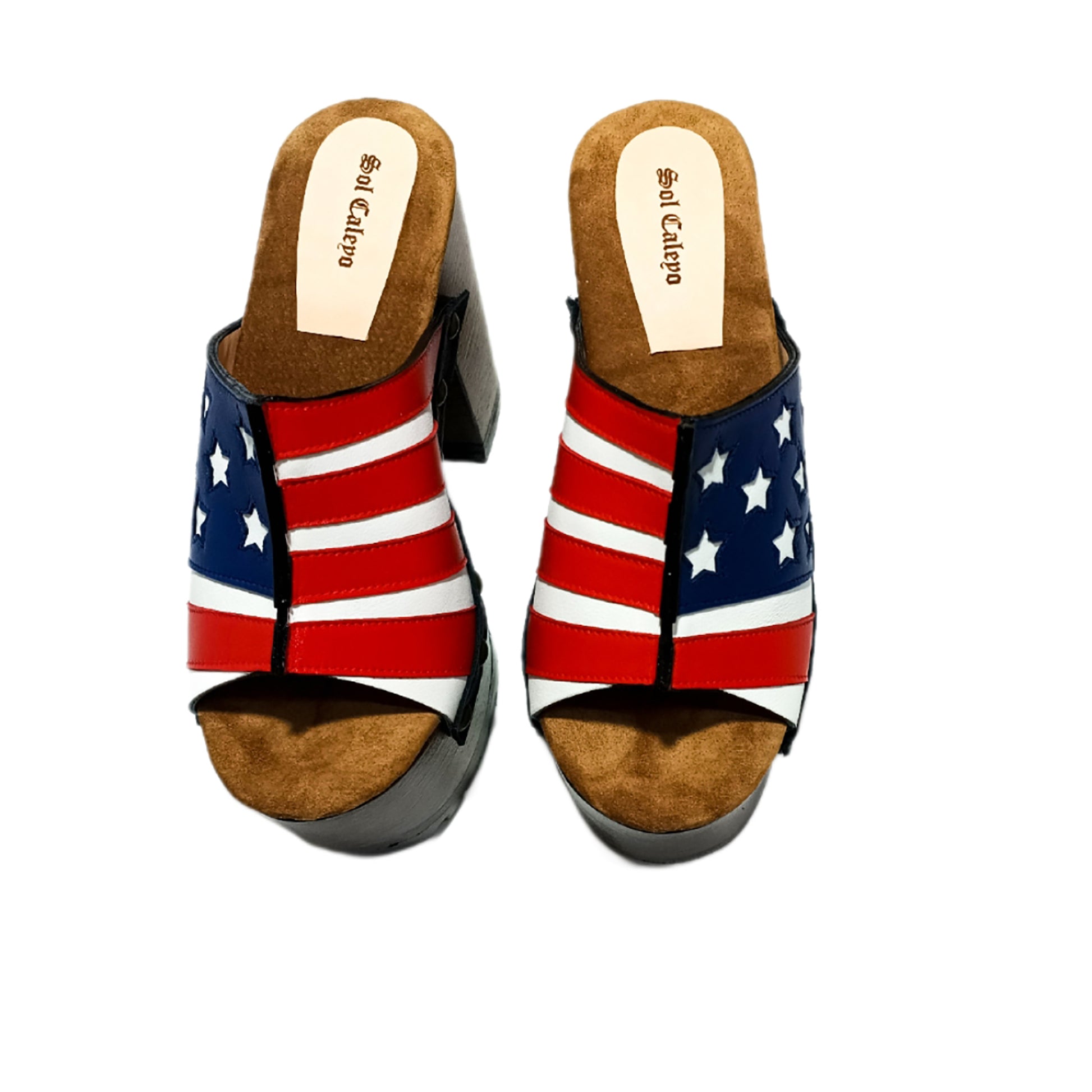 Sandals with a unique American flag design. Vintage-style platform sandals with wooden heels. Heels with a unique American flag design. High-end footwear handmade to order. Exclusive design by Sol Caleyo.