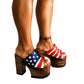 Sandals with a unique American flag design. Vintage-style platform sandals with wooden heels. Heels with a unique American flag design. High-end footwear handmade to order. Exclusive design by Sol Caleyo.