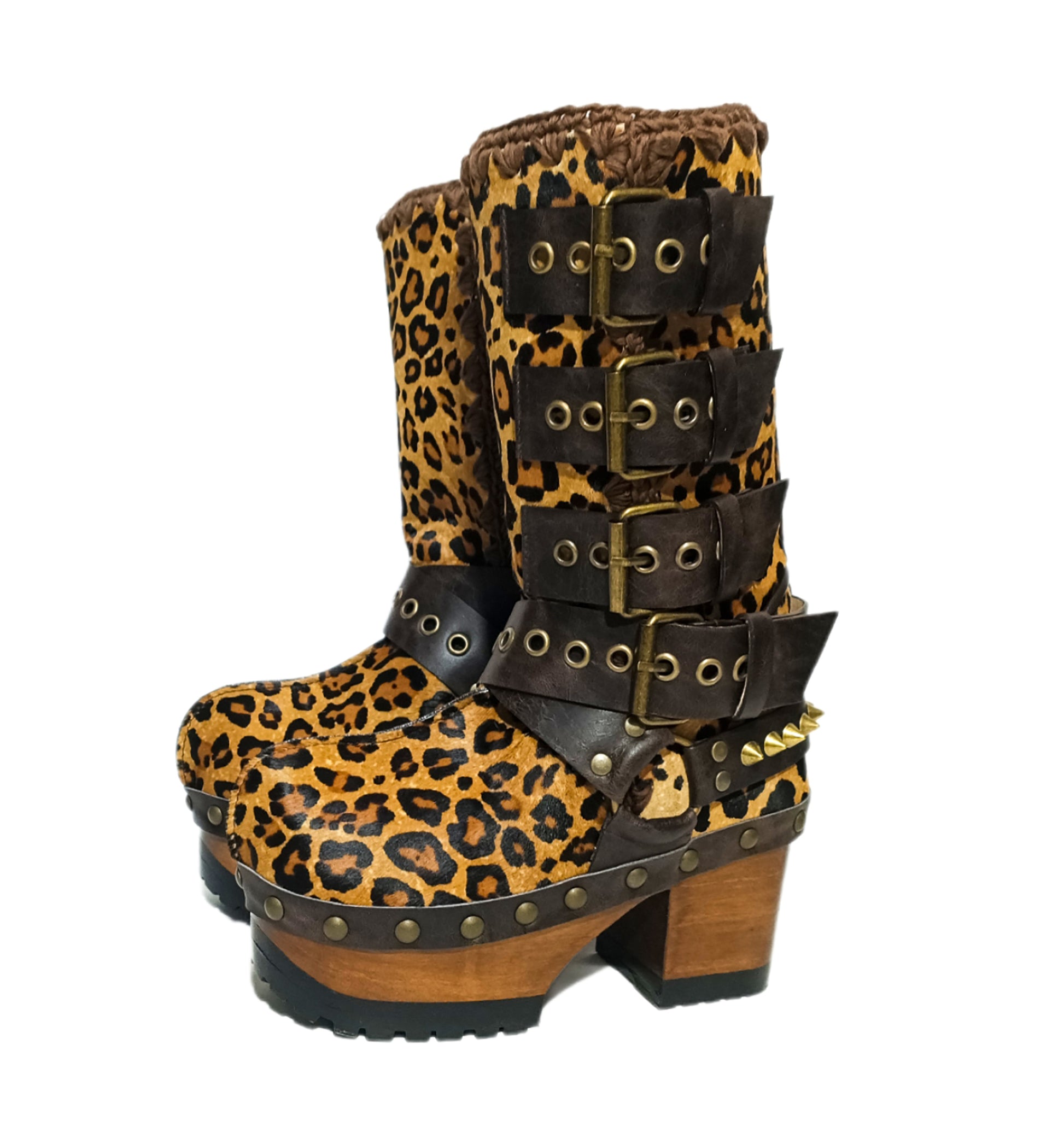 Leopard skin biker boots. Leopard skin clogs. Leopard skin buckle boots. High-end footwear handmade by Sol Caleyo
