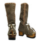 Bohemian-style boots in earth-colored suede leather. Bohemian-style platform boots, decorated with horns, fringes, feathers, and shells. High-end footwear handmade to order. Exclusive design by Sol Caleyo.