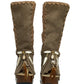 Bohemian-style boots in earth-colored suede leather. Bohemian-style platform boots, decorated with horns, fringes, feathers, and shells. High-end footwear handmade to order. Exclusive design by Sol Caleyo.