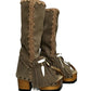 Bohemian-style boots in earth-colored suede leather. Bohemian-style platform boots, decorated with horns, fringes, feathers, and shells. High-end footwear handmade to order. Exclusive design by Sol Caleyo.