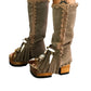 Bohemian-style boots in earth-colored suede leather. Bohemian-style platform boots, decorated with horns, fringes, feathers, and shells. High-end footwear handmade to order. Exclusive design by Sol Caleyo.