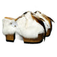 White leather and rabbit fur clogs in bohemian style, decorated with feathers, horns and natural shells. White leather mule clogs with super high heel. Sizes 34 to 47. High quality leather shoes handmade by Sol Caleyo.