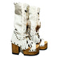 White suede leather platform boots sandals, with hand painted buffalo, decorated with feathers, natural shells, coins and horns, totally handmade to order. An authentic bohemian style boot handmade by Sol Caleyo. Sizes 34 to 47.