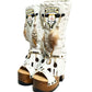 White suede leather platform boots sandals, with hand painted buffalo, decorated with feathers, natural shells, coins and horns, totally handmade to order. An authentic bohemian style boot handmade by Sol Caleyo. Sizes 34 to 47.