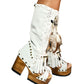 White suede leather platform boots sandals, with hand painted buffalo, decorated with feathers, natural shells, coins and horns, totally handmade to order. An authentic bohemian style boot handmade by Sol Caleyo. Sizes 34 to 47.