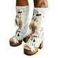 White suede leather platform boots sandals, with hand painted buffalo, decorated with feathers, natural shells, coins and horns, totally handmade to order. An authentic bohemian style boot handmade by Sol Caleyo. Sizes 34 to 47.