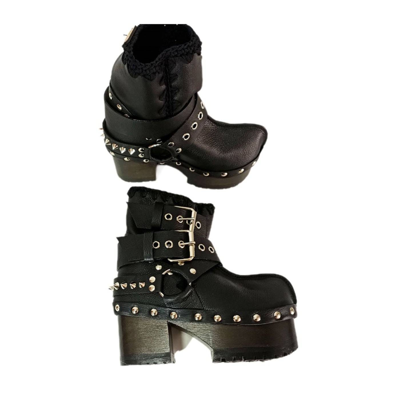 Black leather platform boots with silver studs. Black leather biker style boots with buckles. Black leather ankle boots with vintage style buckles. Leather boots with wooden heel. High-end handmade footwear by Sol Caleyo.