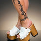 Vintage 70's style white platform sandals. Vintage style wooden heeled sandals. White vintage style mules. Handmade leather shoes by Sol Caleyo.