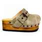 Aged stone handmade leather open-back wedge mule clogs with antique-gold studs and buckle by Sol Caleyo.