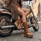 Leather biker style boots. Thong style boot. Thong sandal with wooden wedge. High-end footwear handmade by Sol Caleyo