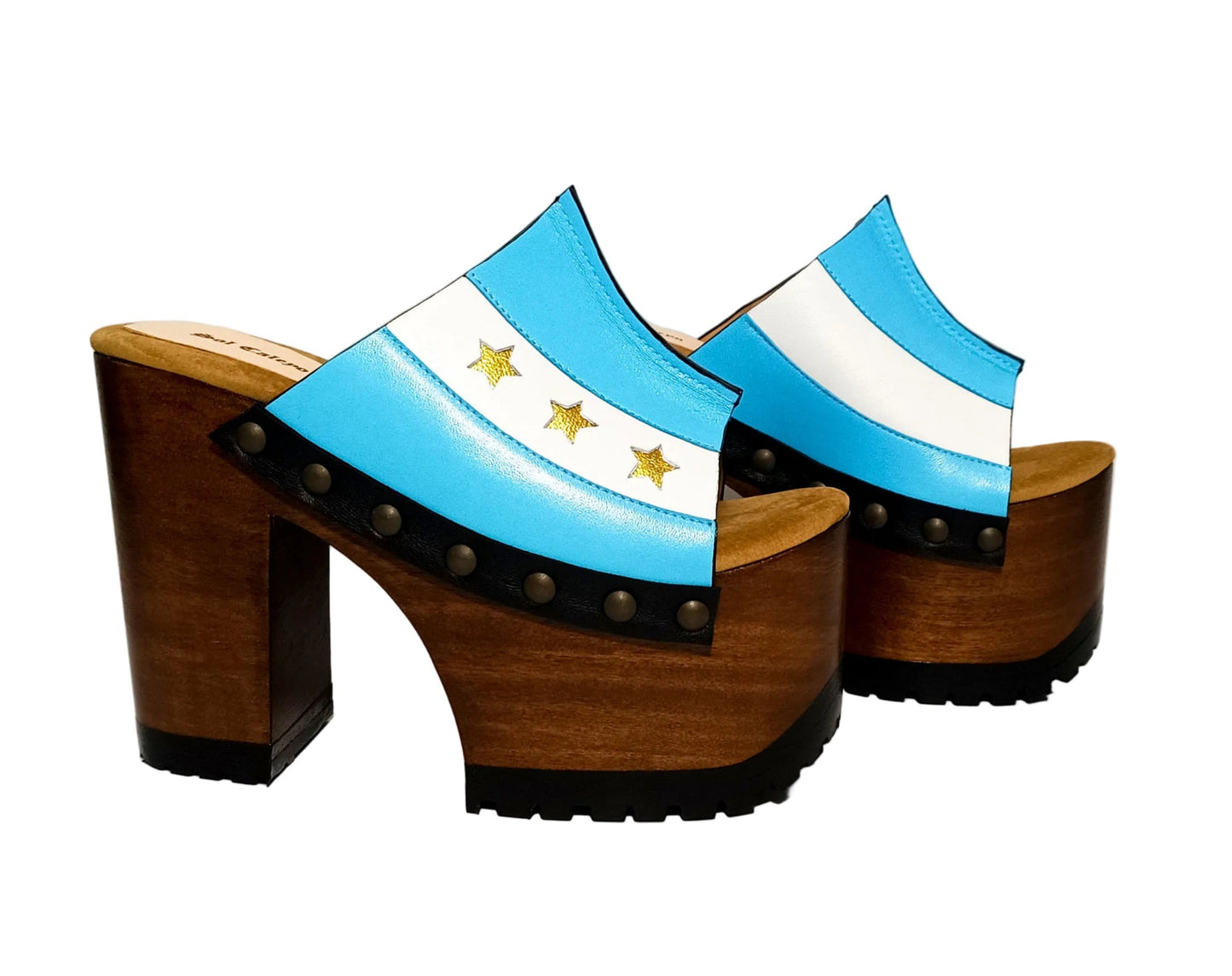 Pair of Sol Caleyo Argentina Sandals featuring a handcrafted wooden block heel and platform, a blue and white leather strap designed as the Argentine flag with three gold stars, and antique gold studs.