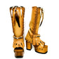Hand-antiqued beige handmade leather boho platform boots with fringe, feathers, shells and 12 cm wooden heel by Sol Caleyo.