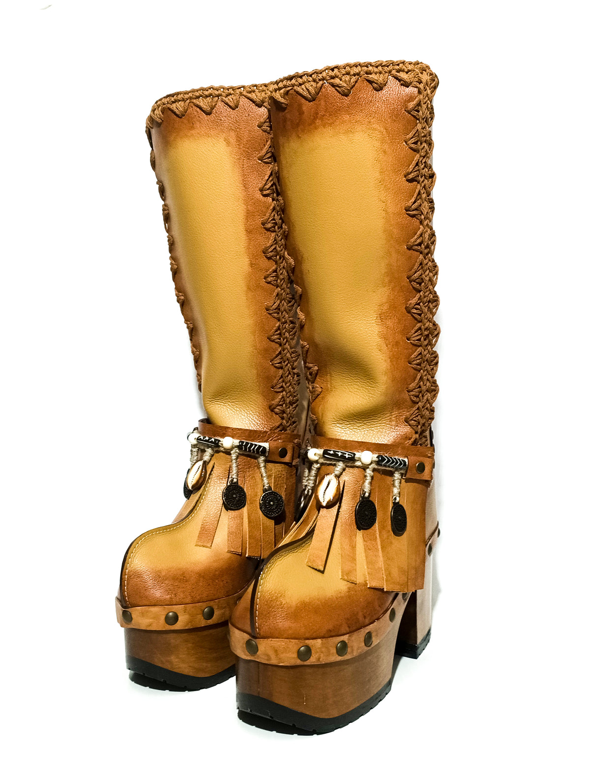 Beige leather boho platform boots with fringe and coins, handmade to order in EU sizes 33 to 47