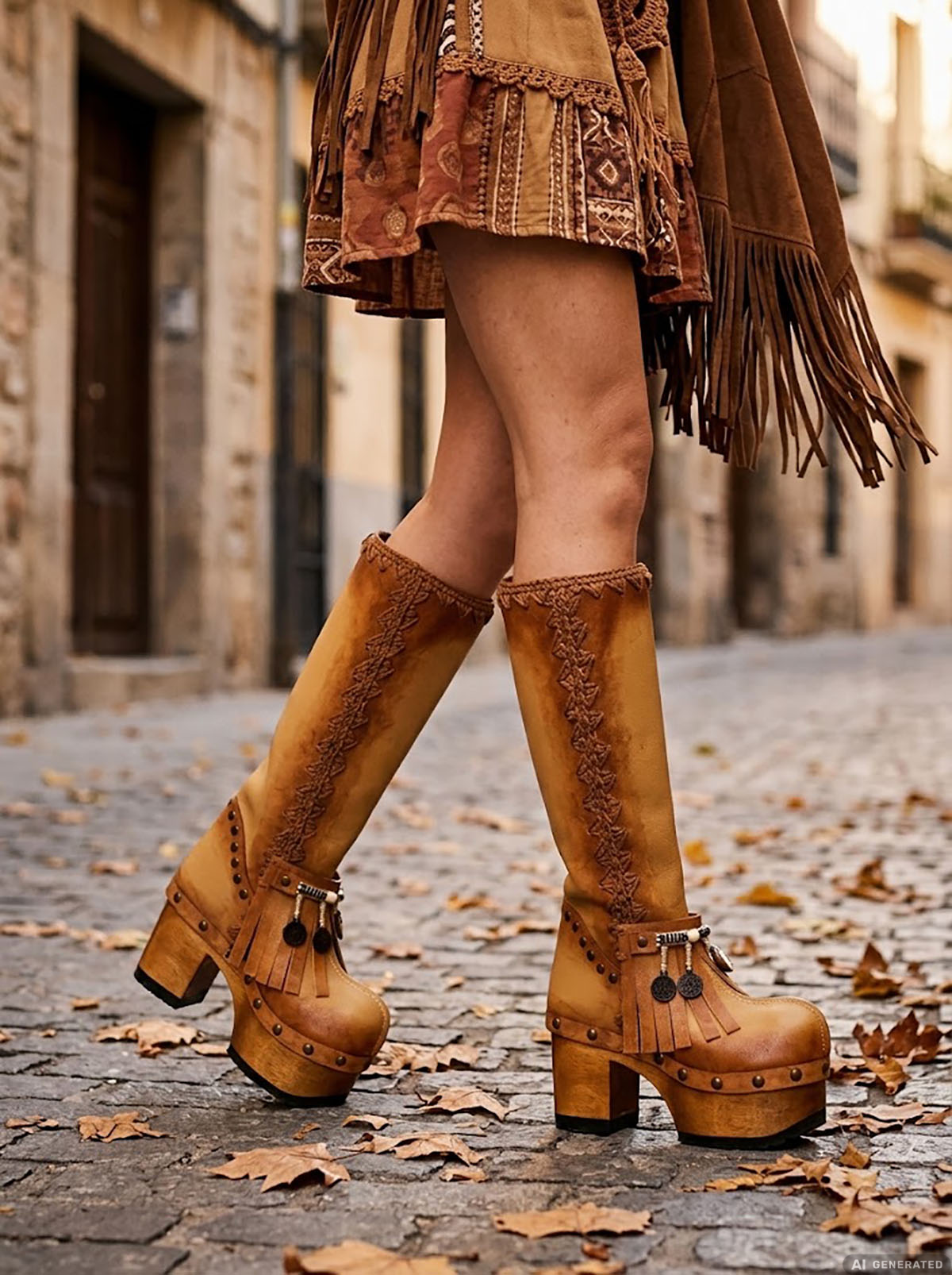 Beige handmade leather platform boots with fringe, coins, horns and shells on a 10 cm wooden heel by Sol Caleyo.