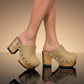 Sand beige leather clogs with wooden platform and high heel. Vintage 70s style wooden clogs. Handmade leather clogs, sizes 34 to 47. Exclusive design by Sol Caleyo.
