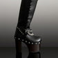 Handmade leather platform boots with silver pyramid studs, chains and 15 cm wenge wooden heel by Sol Caleyo