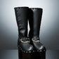Handmade leather platform boots with silver pyramid studs, chains and 15 cm wenge wooden heel by Sol Caleyo